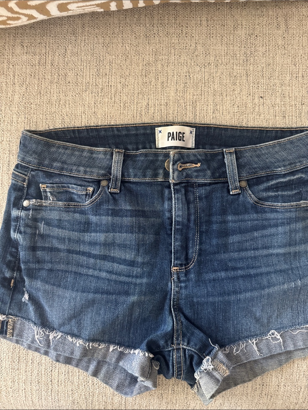 PAIGE Dark Blue Distressed Denim Cutoff Shorts